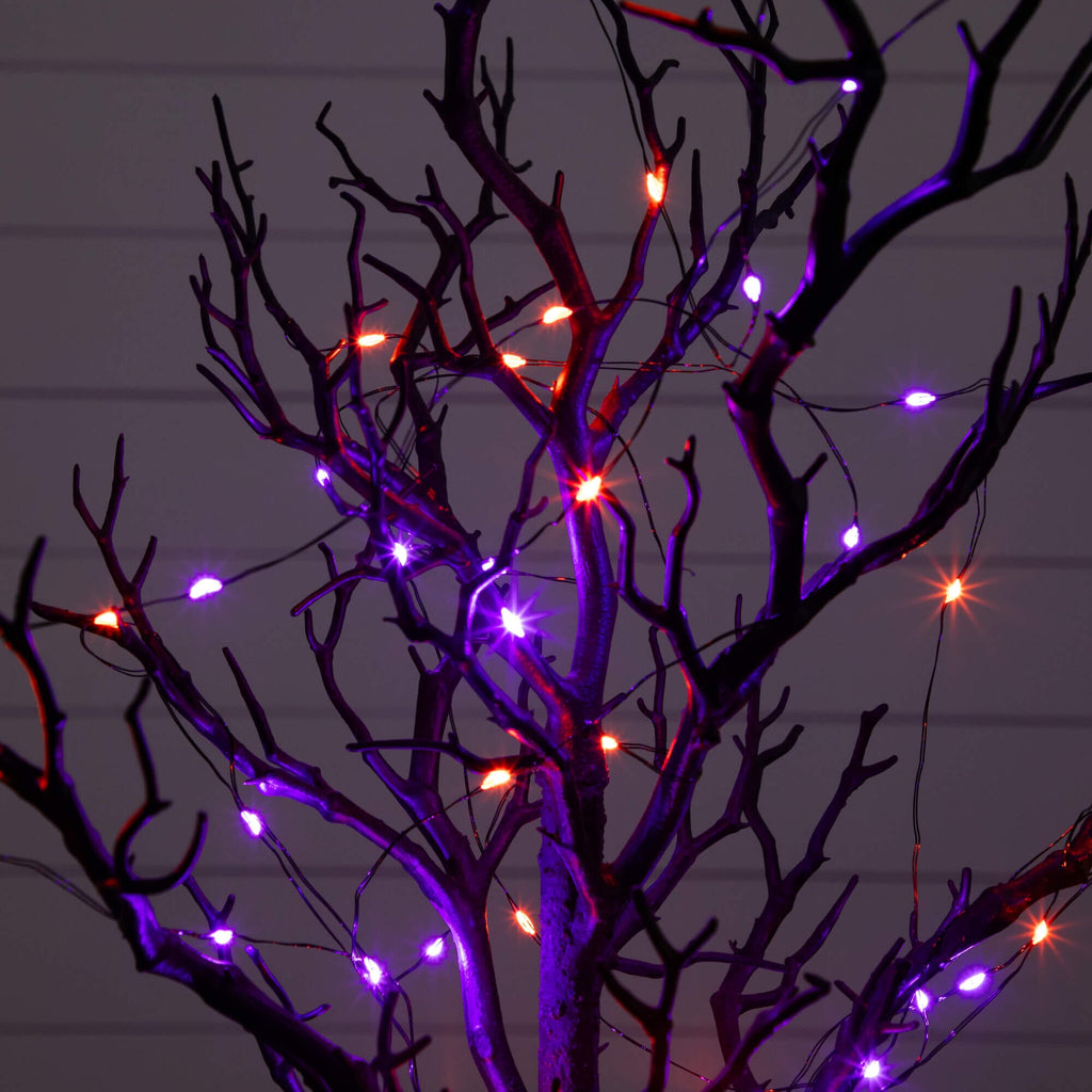 2' Pre-Lit Artificial Halloween Black Spooky Twig Tree with 60 Orange & Purple Copper Wire String LED Lights