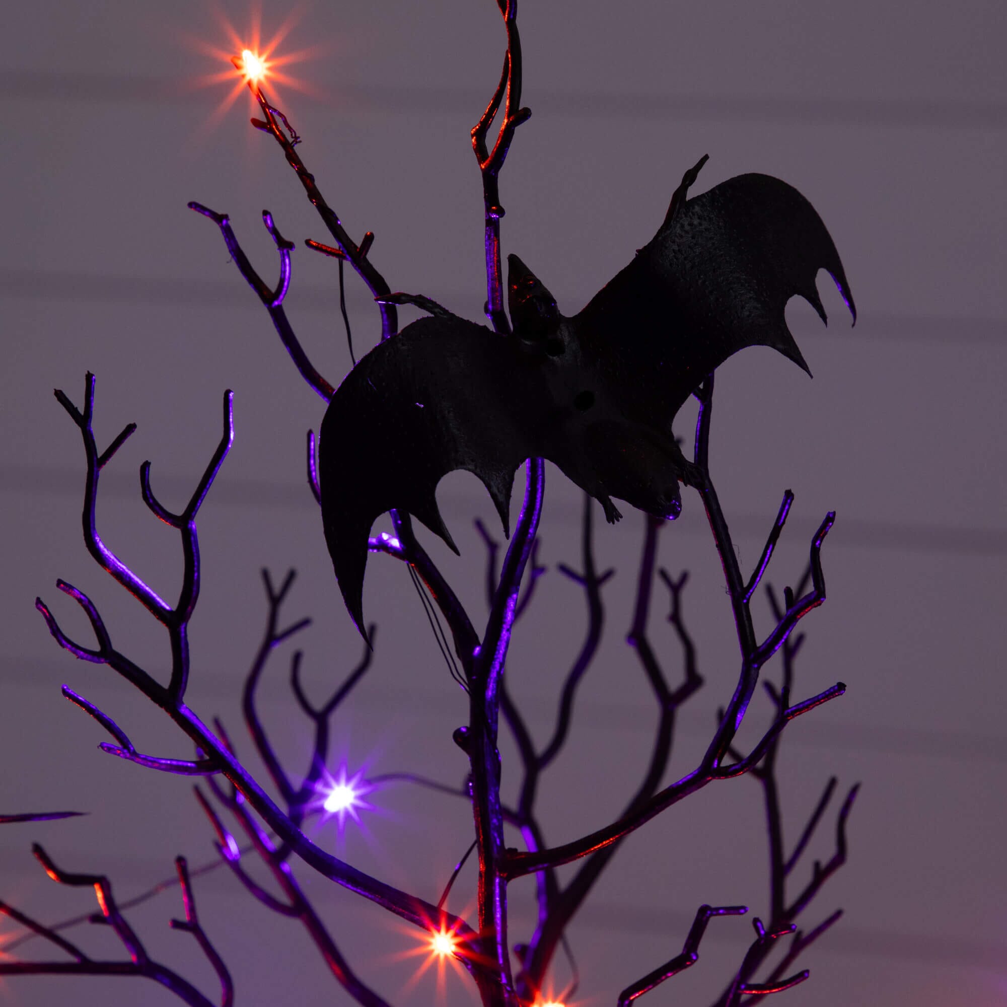 2' Pre-Lit Artificial Halloween Black Spooky Twig Tree with Bats and 40 Orange & Purple LED Lights