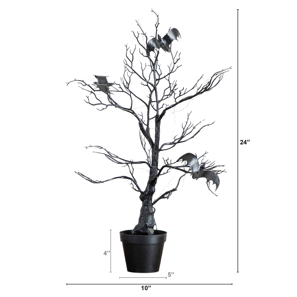 2' Pre-Lit Artificial Halloween Black Spooky Twig Tree with Bats and 40 Orange & Purple LED Lights
