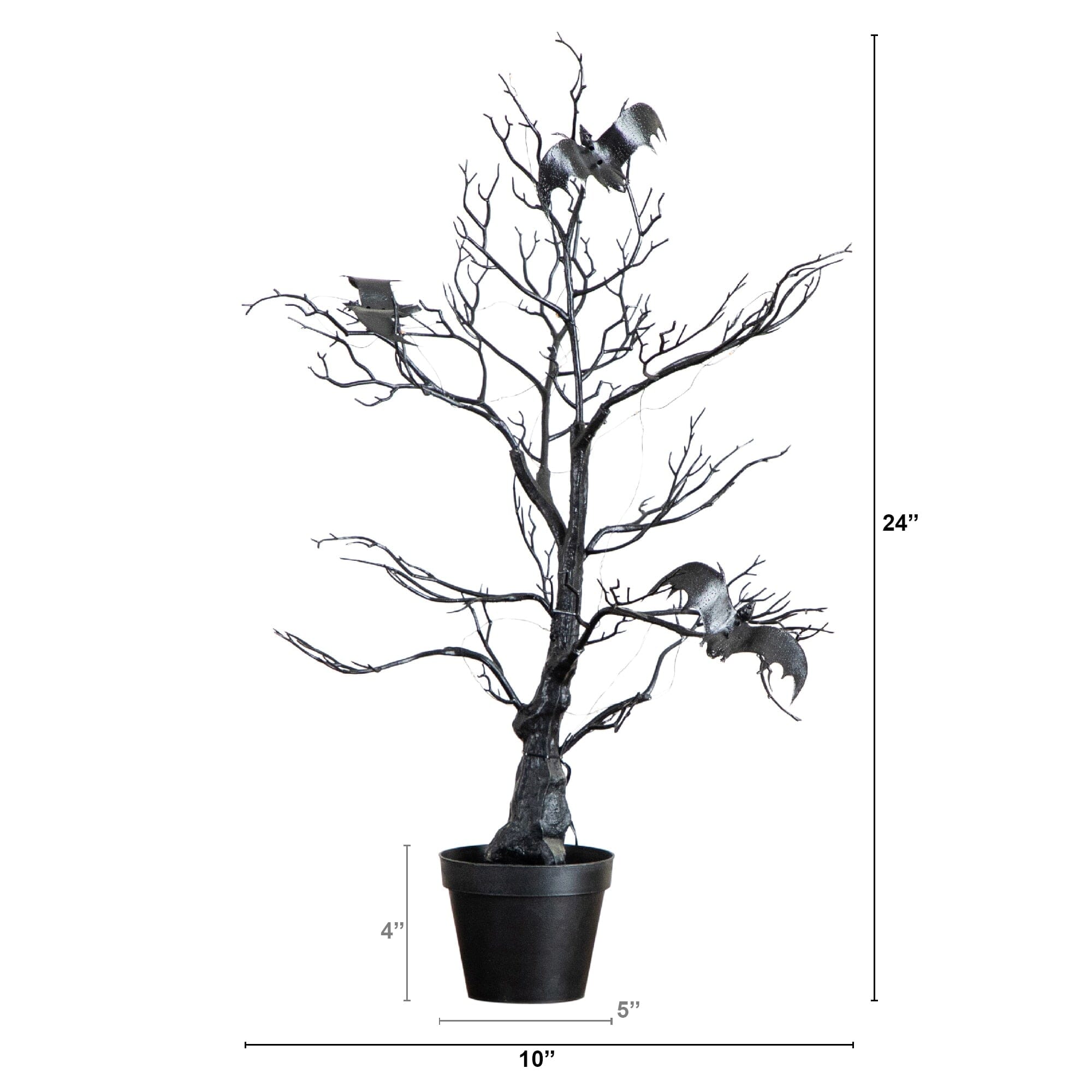 2' Pre-Lit Artificial Halloween Black Spooky Twig Tree with Bats and 40 Orange & Purple LED Lights