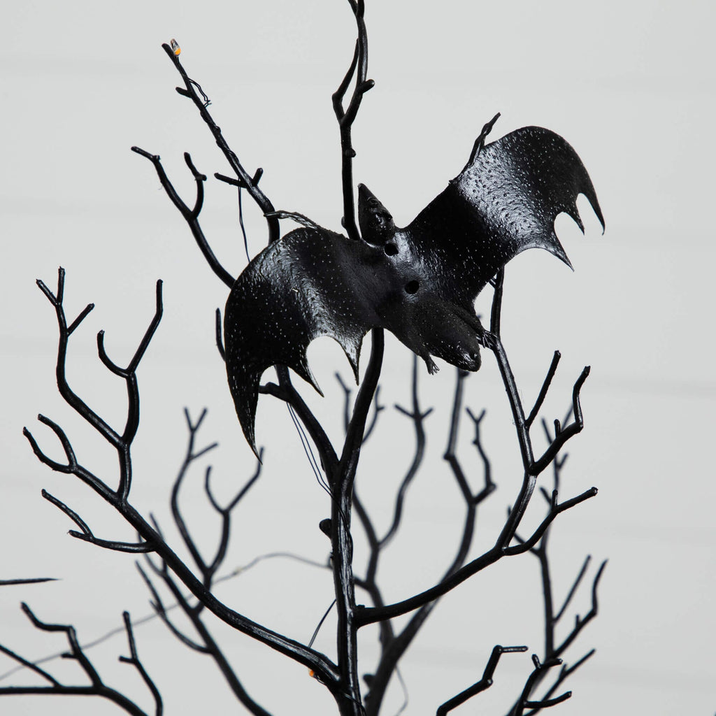 2' Pre-Lit Artificial Halloween Black Spooky Twig Tree with Bats and 40 Orange & Purple LED Lights