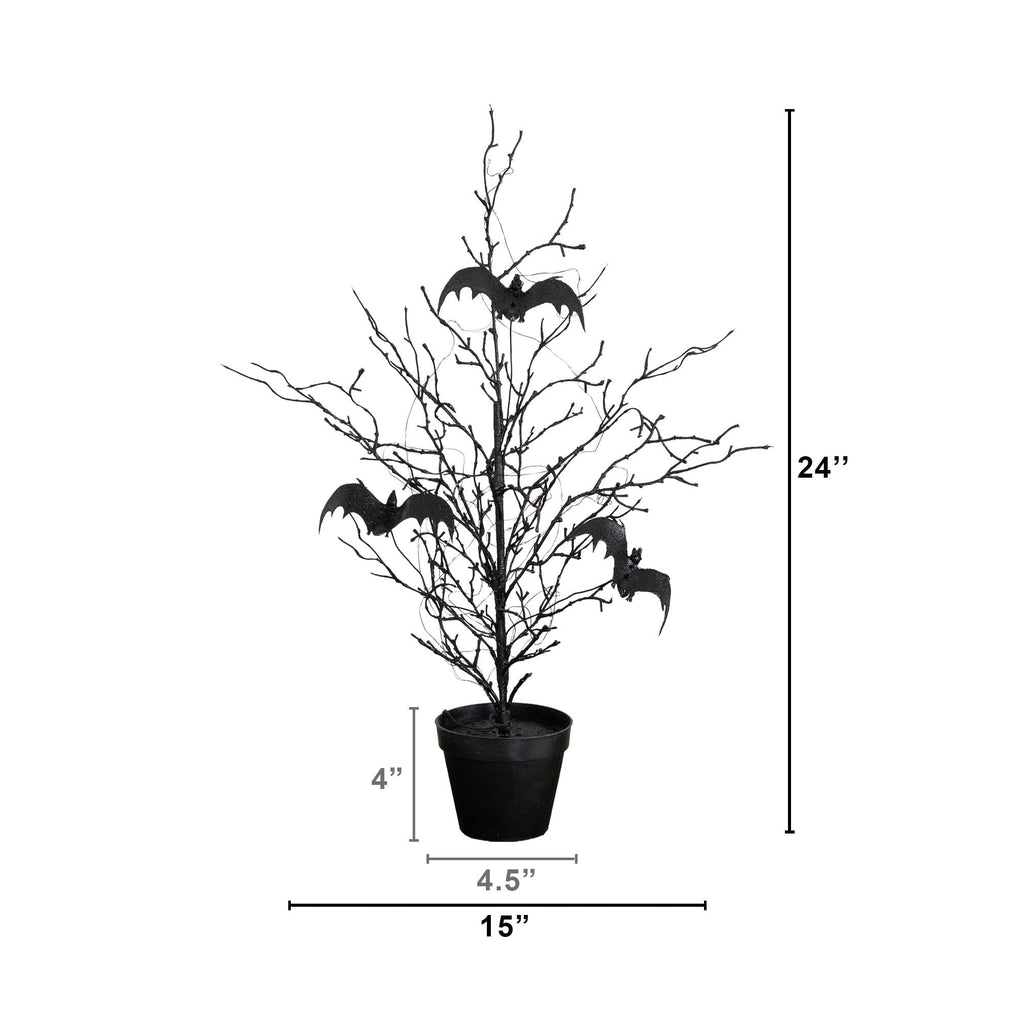 2' Pre-Lit Artificial Black Spooky Twig Tree with Bats and 40 Orange & Purple LED Lights