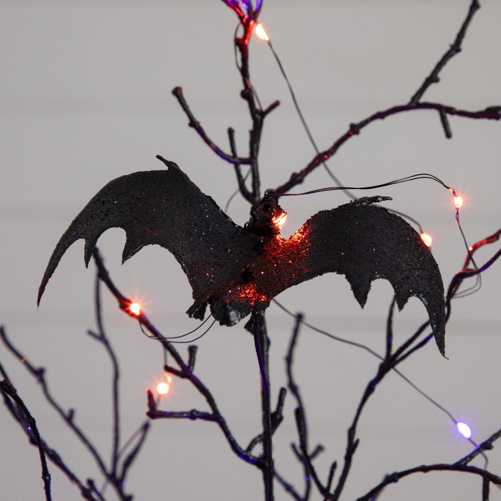 2' Pre-Lit Artificial Black Spooky Twig Tree with Bats and 40 Orange & Purple LED Lights