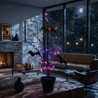 2' Pre-Lit Artificial Black Spooky Twig Tree with Bats and 40 Orange & Purple LED Lights