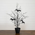 2' Pre-Lit Artificial Black Spooky Twig Tree with Bats and 40 Orange & Purple LED Lights