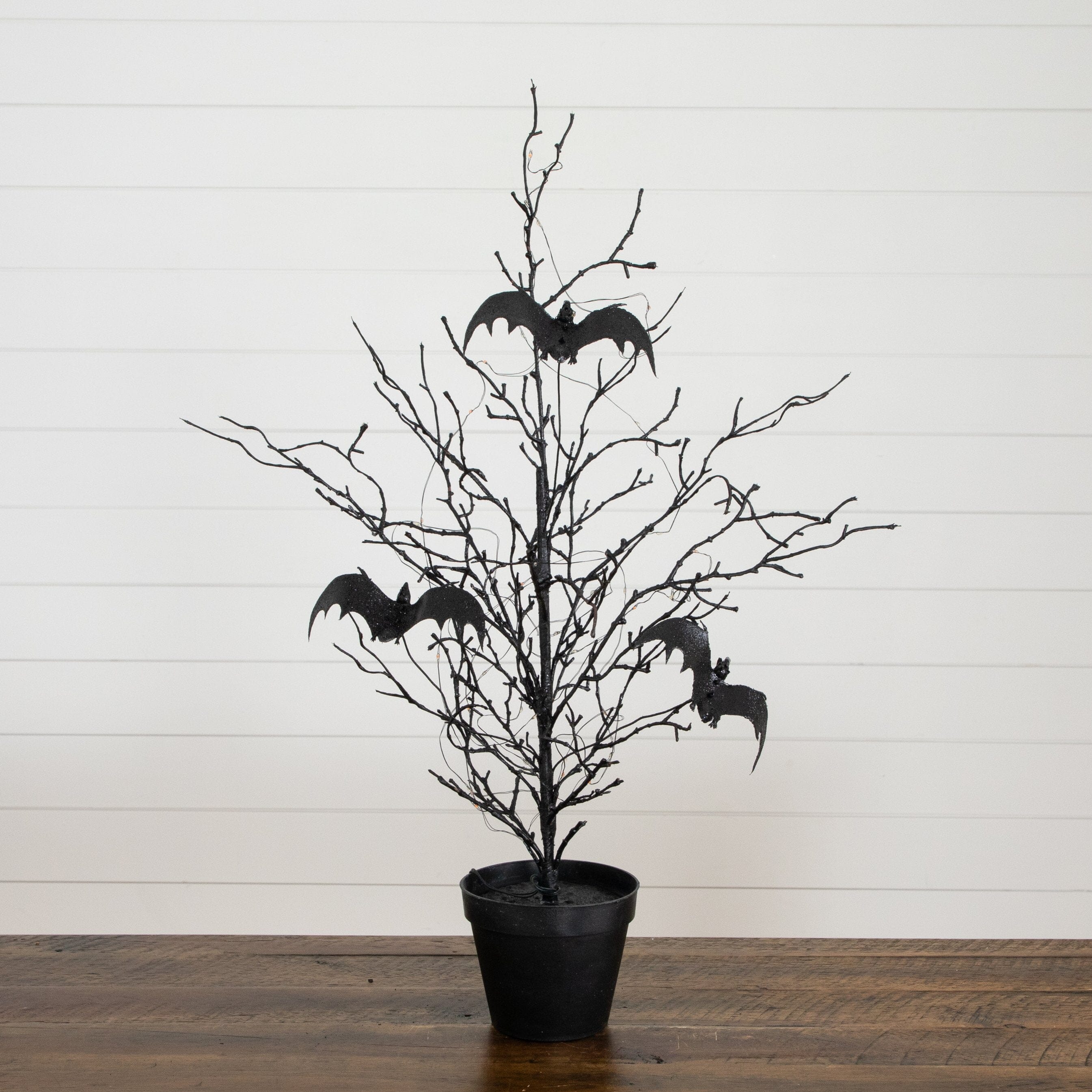2' Pre-Lit Artificial Black Spooky Twig Tree with Bats and 40 Orange & Purple LED Lights