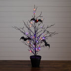 2' Pre-Lit Artificial Black Spooky Twig Tree with Bats and 40 Orange & Purple LED Lights