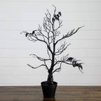 2' Pre-Lit Artificial Halloween Black Spooky Twig Tree with Bats and 40 Orange & Purple LED Lights
