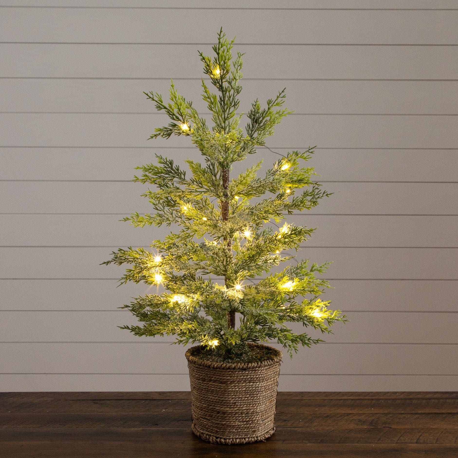 2’ Pre-Lit Artificial Snowed Cypress Christmas Tree with 30 LED Lights in Hyacinth Basket
