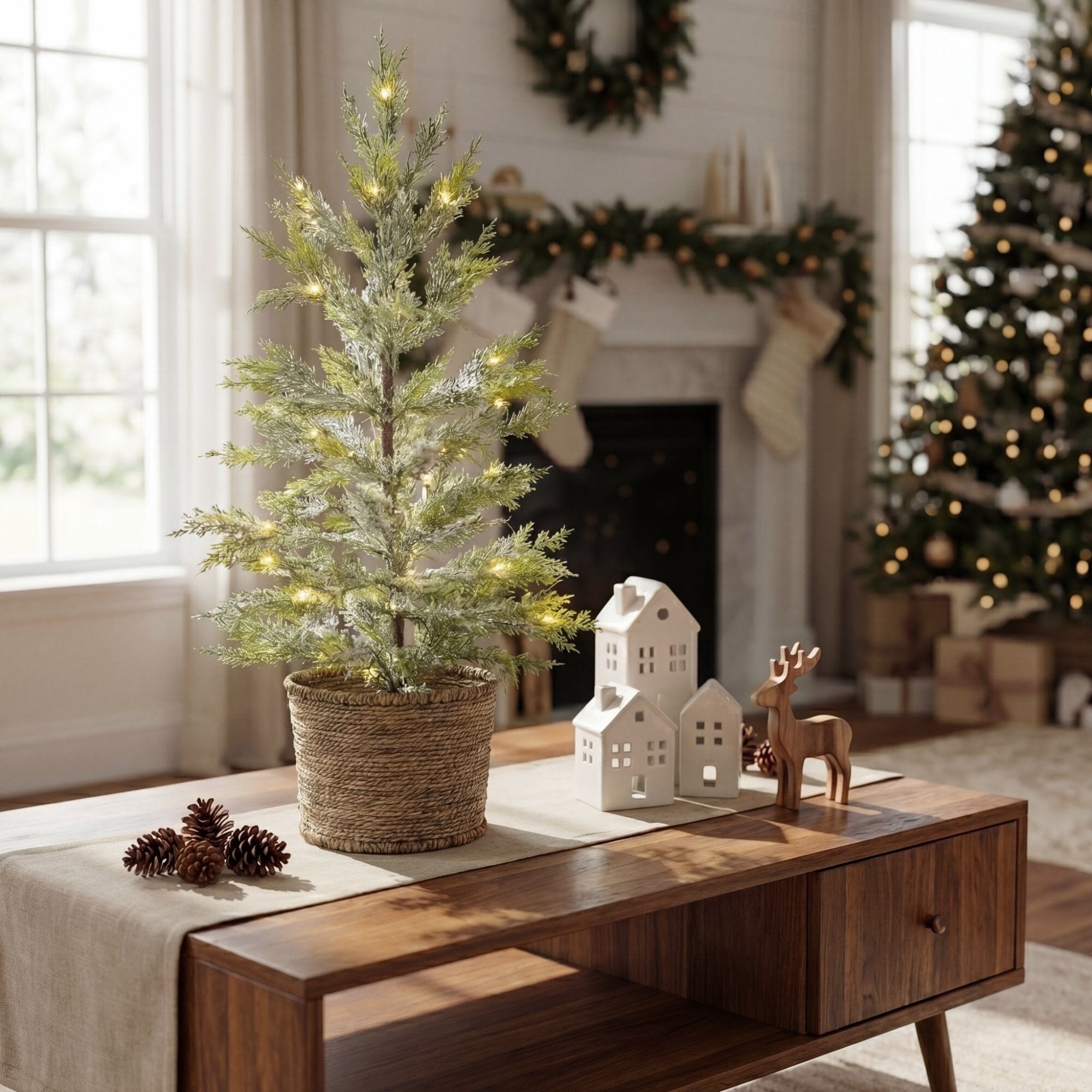 2’ Pre-Lit Artificial Snowed Cypress Christmas Tree with 30 LED Lights in Hyacinth Basket