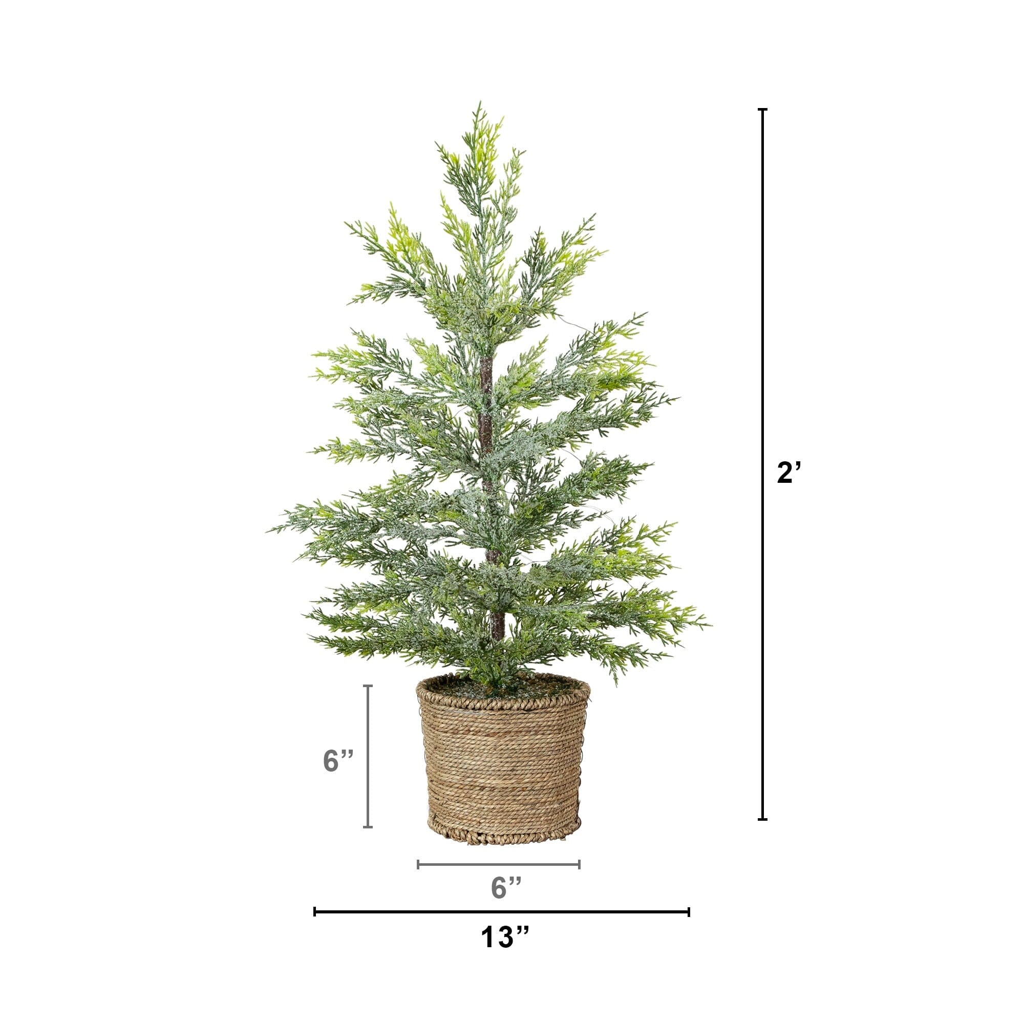 2’ Pre-Lit Artificial Snowed Cypress Christmas Tree with 30 LED Lights in Hyacinth Basket