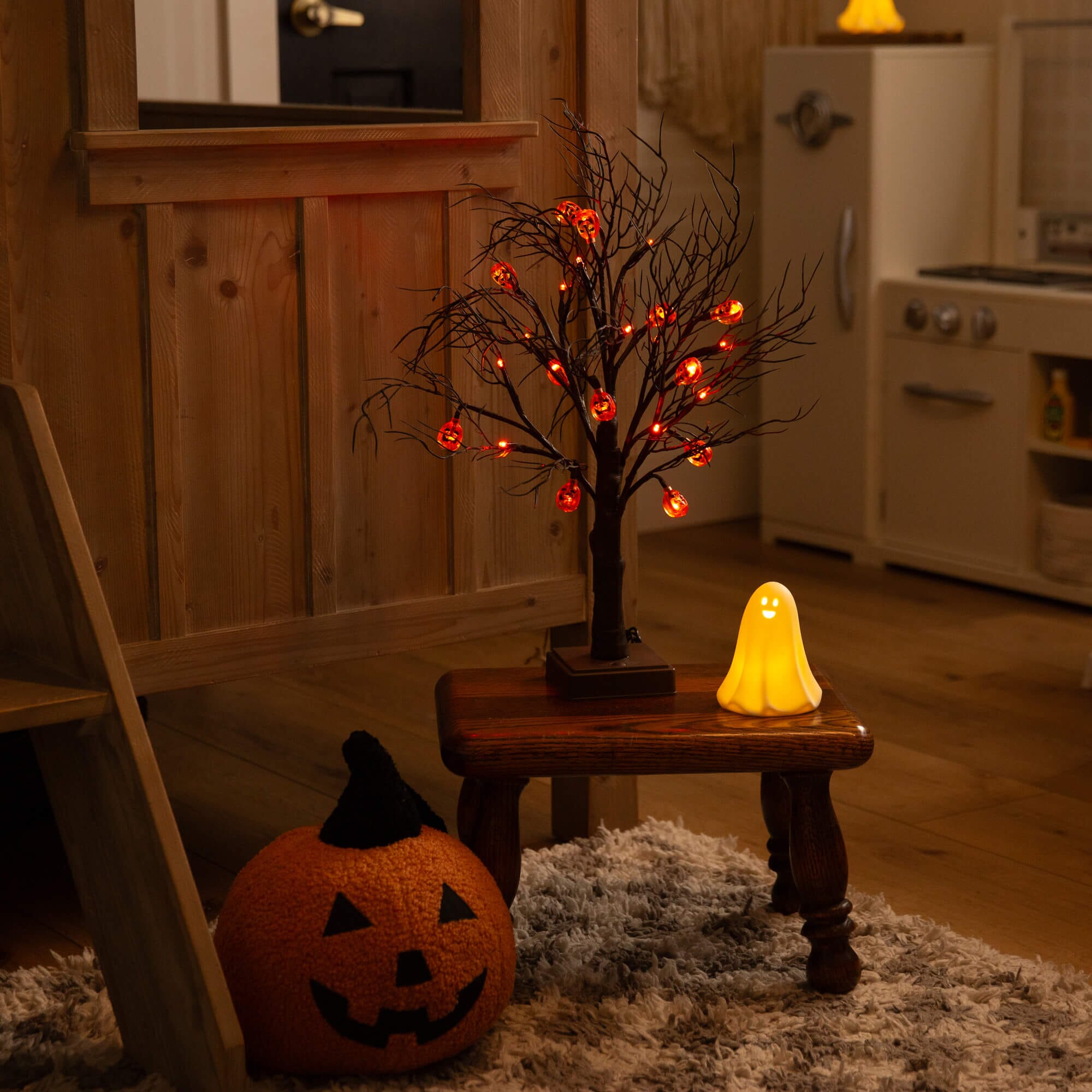 22" Pre-Lit Artificial Halloween Brown Twig Tree with 12 Orange LED Pumpkin Shaped Lights