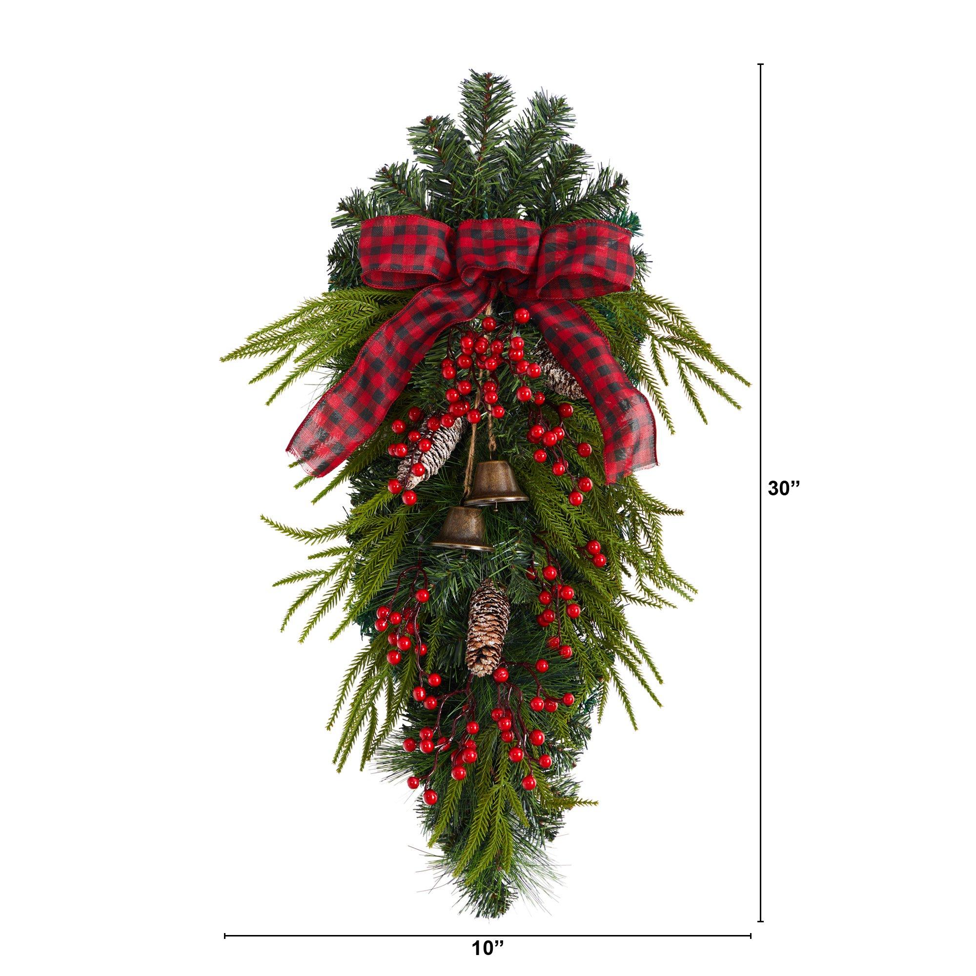 24” Holiday Christmas Pine Cones, Berry and Bells Teardrop