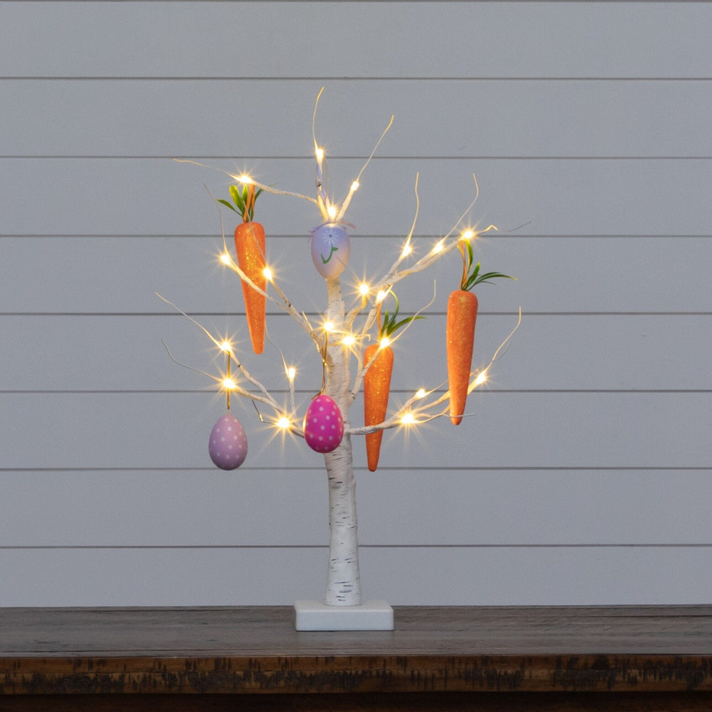2' Pre-Lit Artificial Easter Egg and Carrots Ornament Twig Tree with 24 Warm White LED Lights