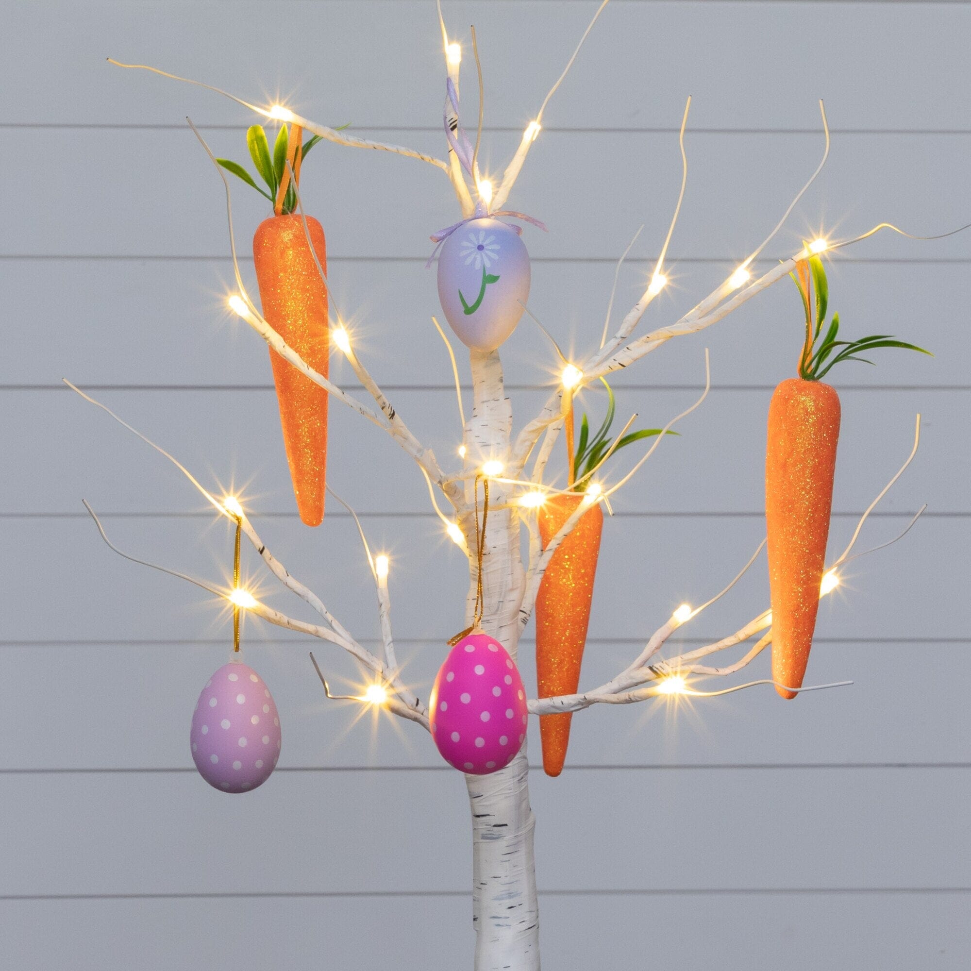 2' Pre-Lit Artificial Easter Egg and Carrots Ornament Twig Tree with 24 Warm White LED Lights