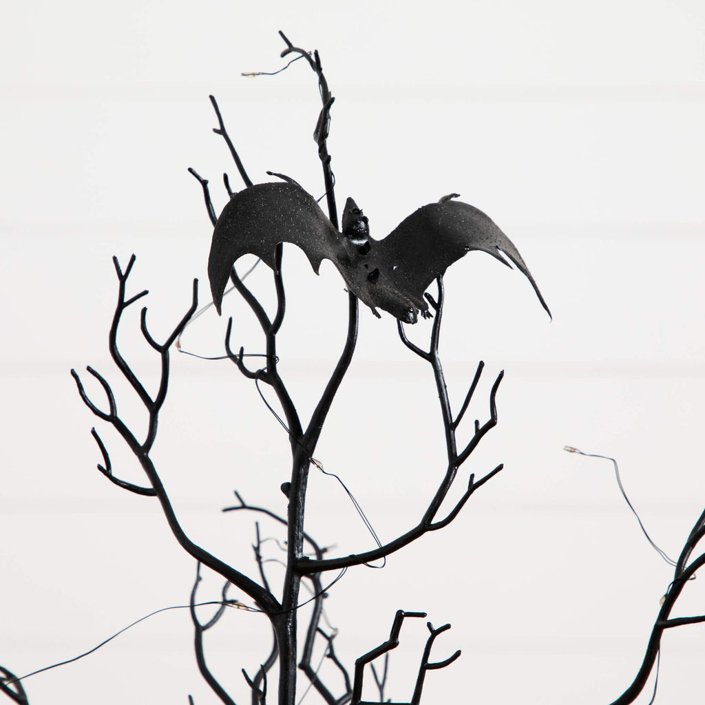 3' Pre-Lit Artificial Halloween Black Spooky Twig Tree with Bats and 100 Orange & Purple LED Lights