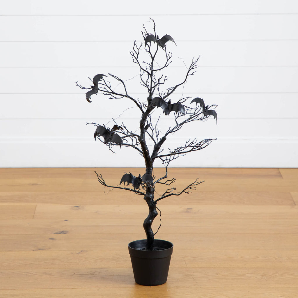 3' Pre-Lit Artificial Halloween Black Spooky Twig Tree with Bats and 100 Orange & Purple LED Lights