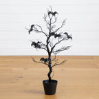 3' Pre-Lit Artificial Halloween Black Spooky Twig Tree with Bats and 100 Orange & Purple LED Lights