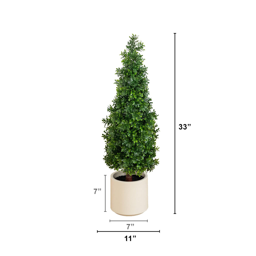34” UV Resistant Artificial Boxwood Topiary Cone Tree in Decorative White Planter (Indoor/Outdoor)
