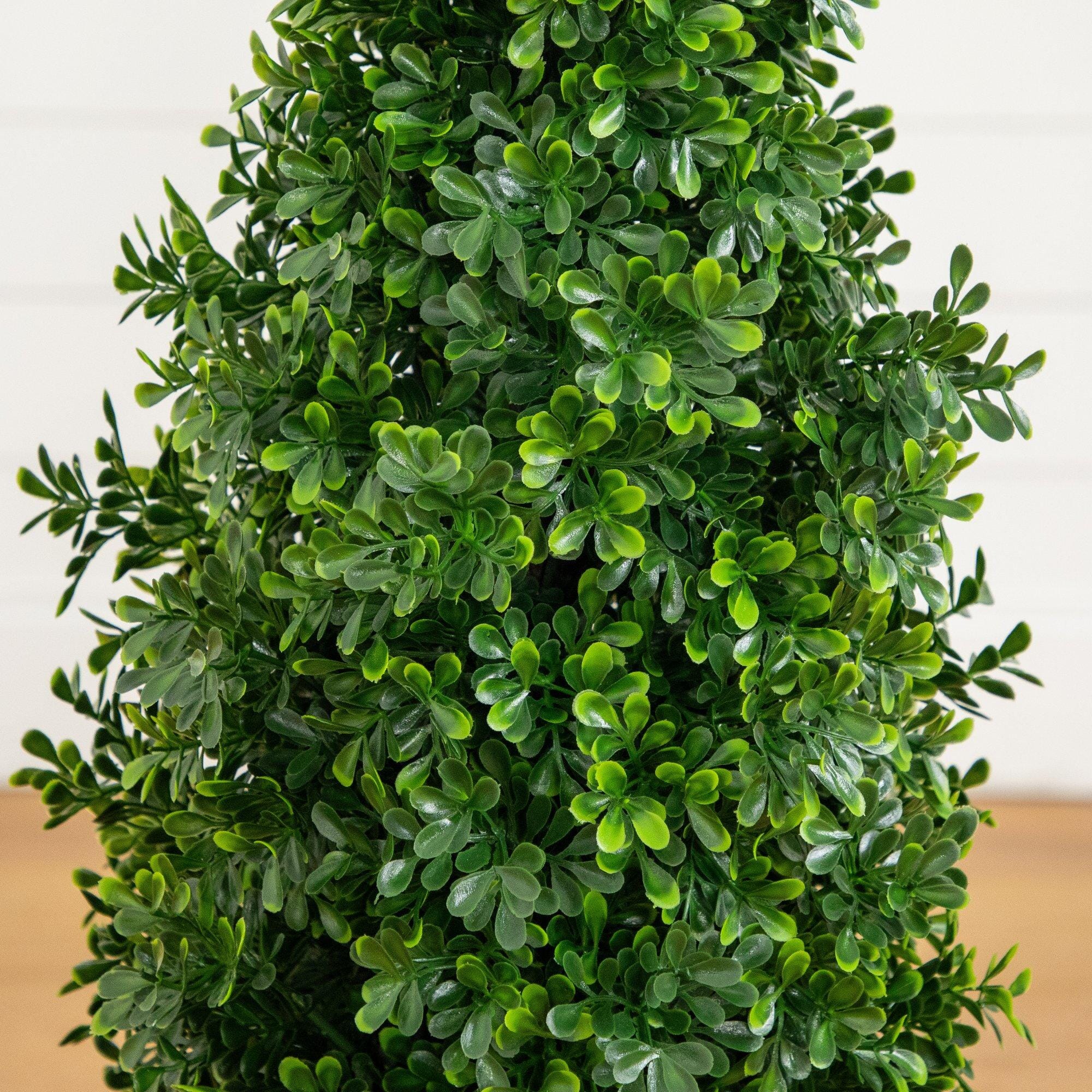 34” UV Resistant Artificial Boxwood Topiary Cone Tree in Decorative White Planter (Indoor/Outdoor)