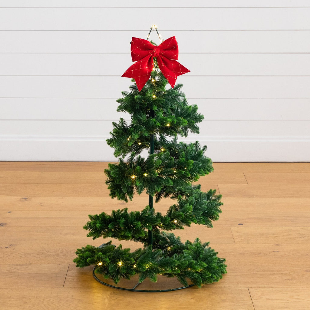 34" UV Resistant Pre-Lit Artificial Spiral Pop Up Christmas Tree with 45 LED Lights and Bow Topper (Indoor/Outdoor)