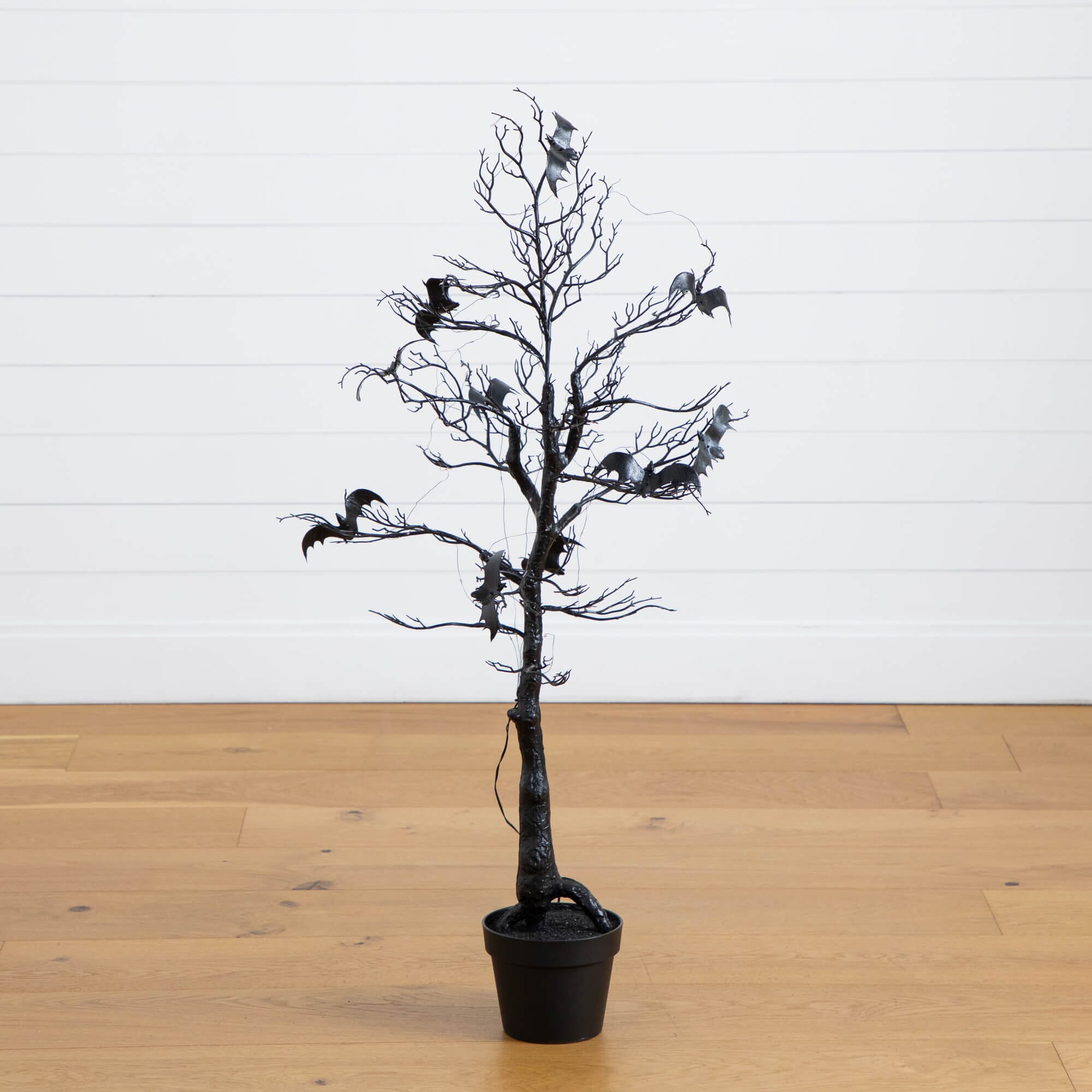 4' Pre-Lit Artificial Halloween Black Spooky Twig Tree with Bats and 120 Orange & Purple LED Lights