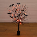 4' Pre-Lit Artificial Halloween Black Twig Tree with Bats and 50 Orange LED Lights