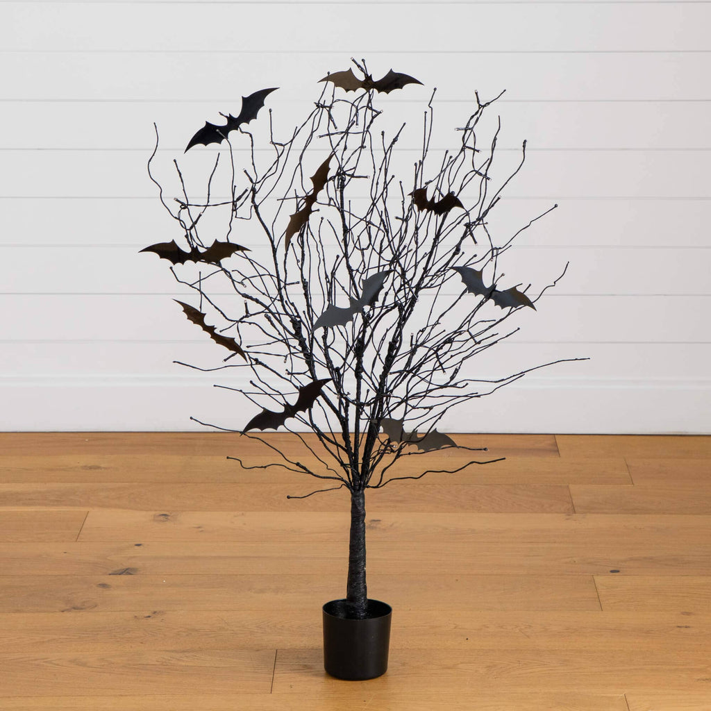 4' Pre-Lit Artificial Halloween Black Twig Tree with Bats and 50 Orange LED Lights