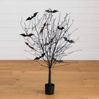 4' Pre-Lit Artificial Halloween Black Twig Tree with Bats and 50 Orange LED Lights