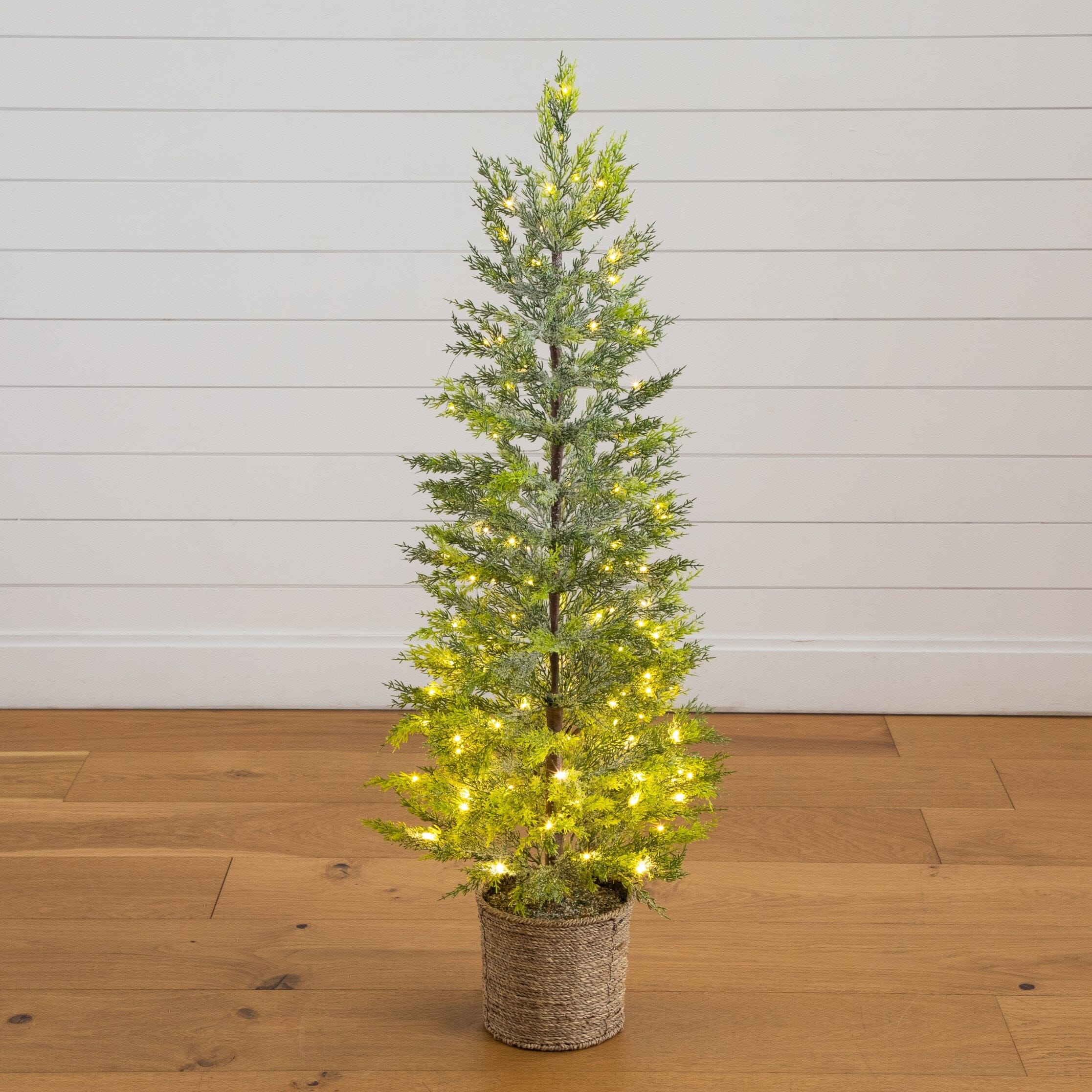 4’ Pre-Lit Artificial Snowed Cypress Christmas Tree with 120 LED Lights in Hyacinth Basket