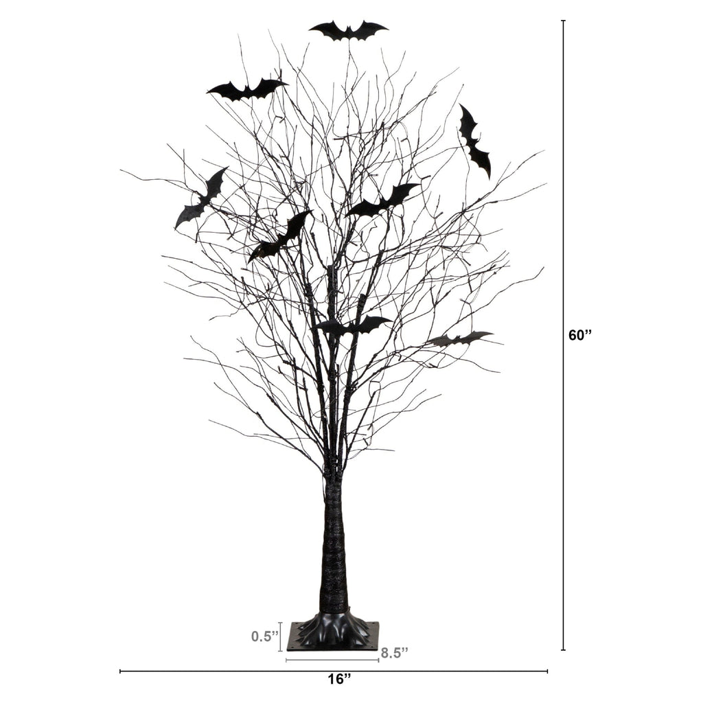 5' Pre-Lit Artificial Halloween Black Twig Tree with Bats and 50 Warm White LED Lights