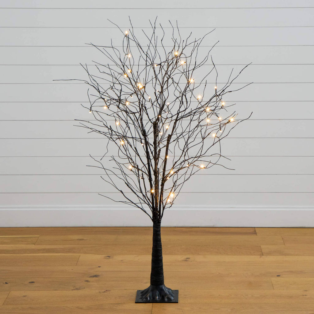 5' Pre-Lit Artificial Halloween Black Twig Tree with Bats and 50 Warm White LED Lights