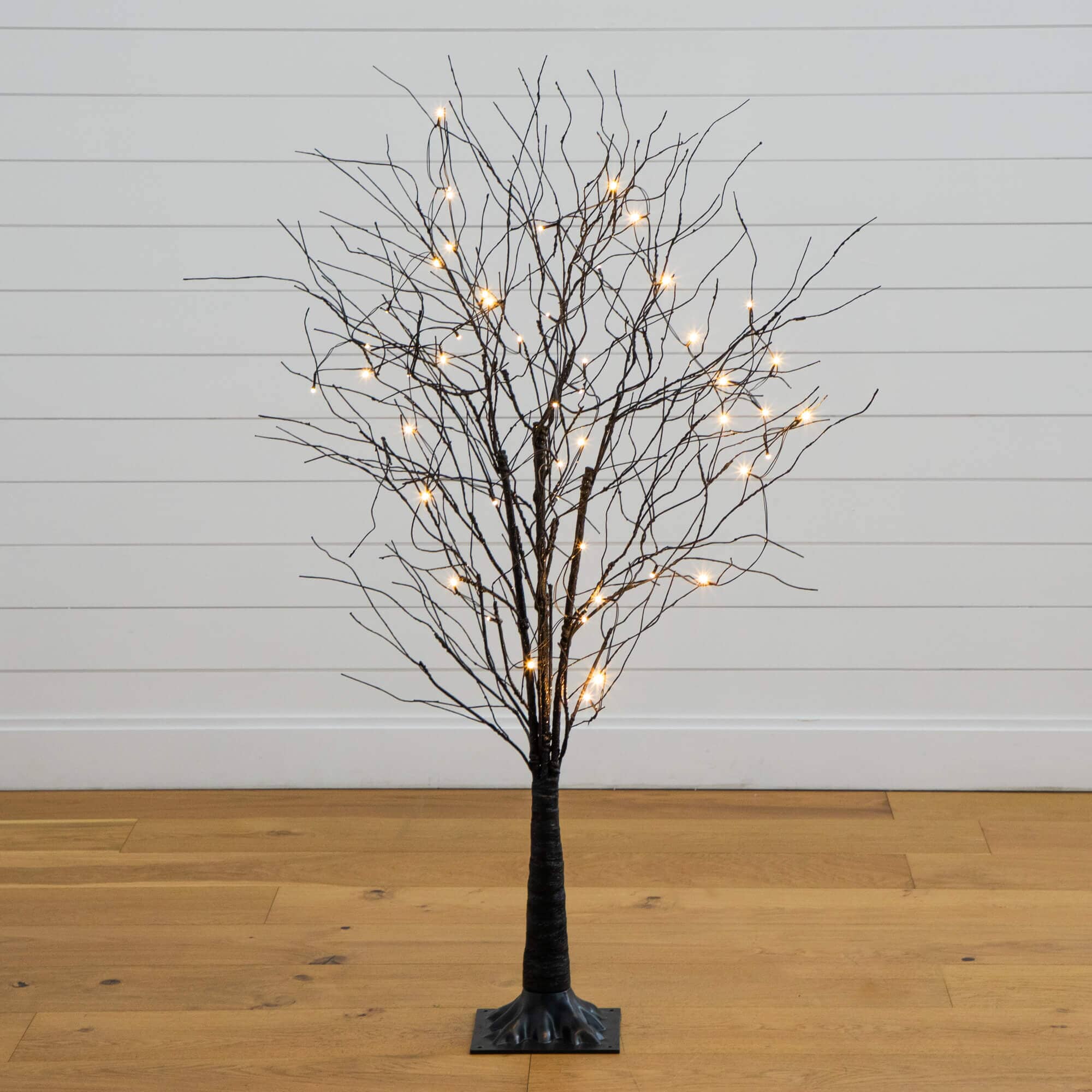 5' Pre-Lit Artificial Halloween Black Twig Tree with Bats and 50 Warm White LED Lights