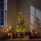 5’ Pre-Lit Artificial Snowed Cypress Christmas Tree with 140 LED Lights in Hyacinth Basket