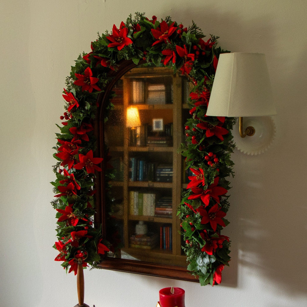 6’ UV Resistant Artificial Christmas Poinsettia & Berries Garland (Indoor/Outdoor)