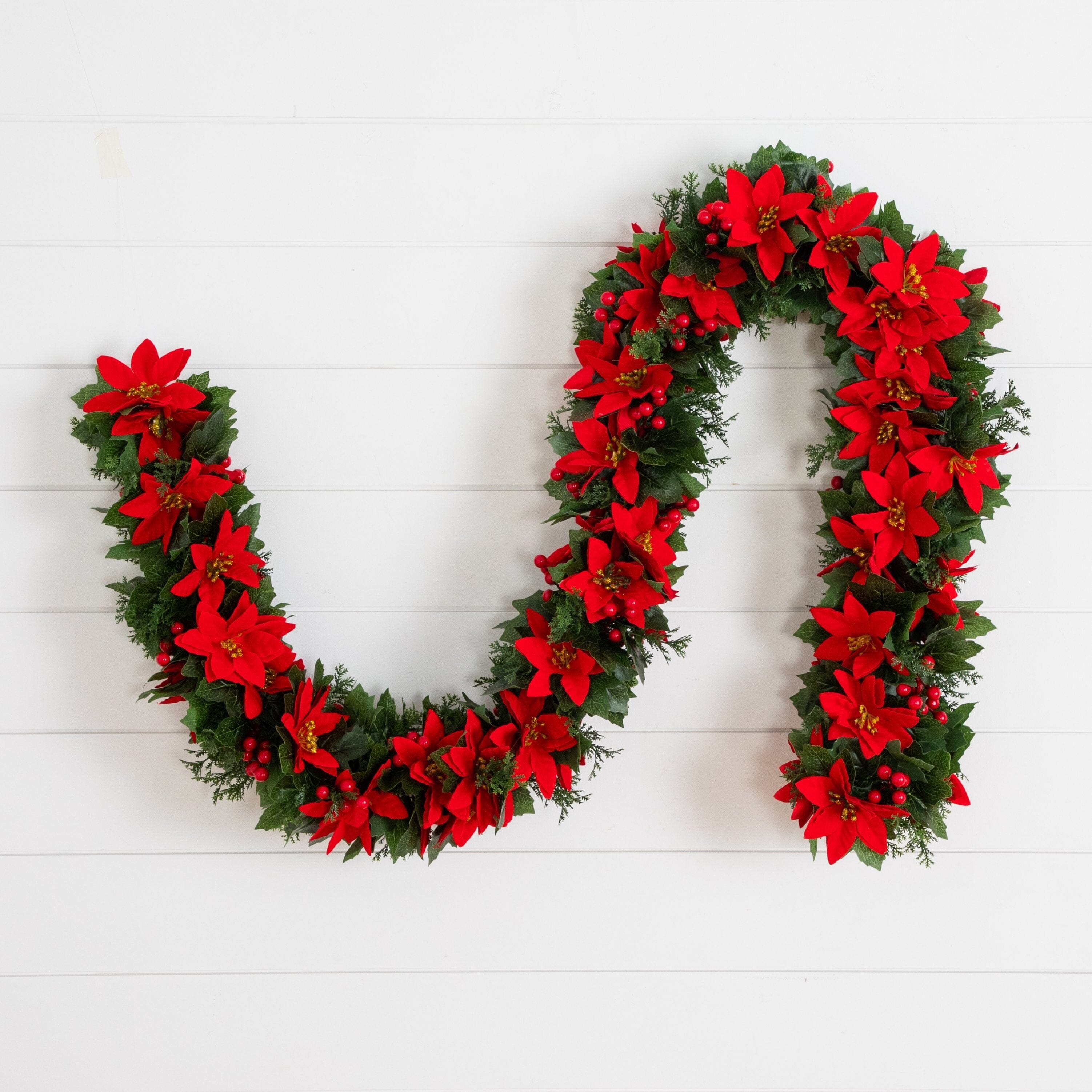 6’ UV Resistant Artificial Christmas Poinsettia & Berries Garland (Indoor/Outdoor)