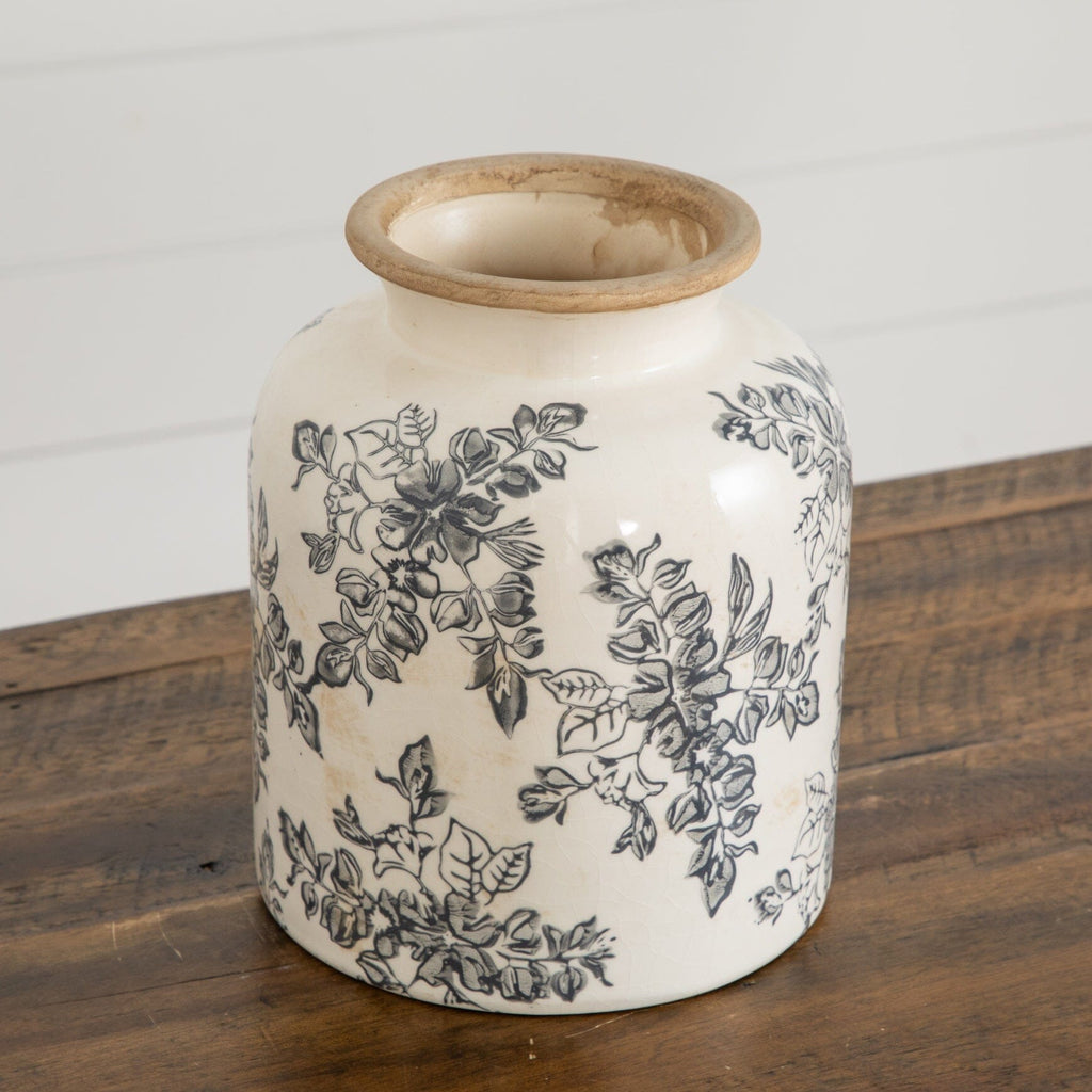 7.5” Floral Tuscan Ceramic Gray Scroll Vase