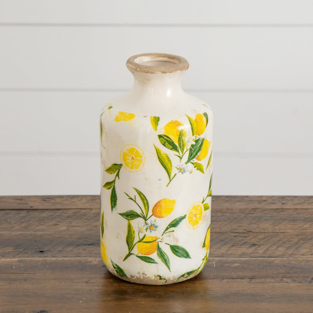 8.5” Lemon Print Ceramic Rustic Vase