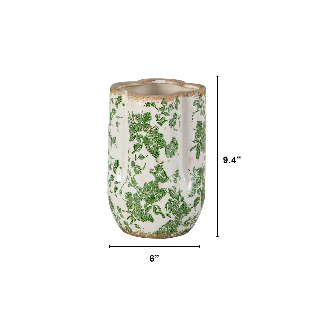 9” Floral Tuscan Ceramic Green Scroll Vase