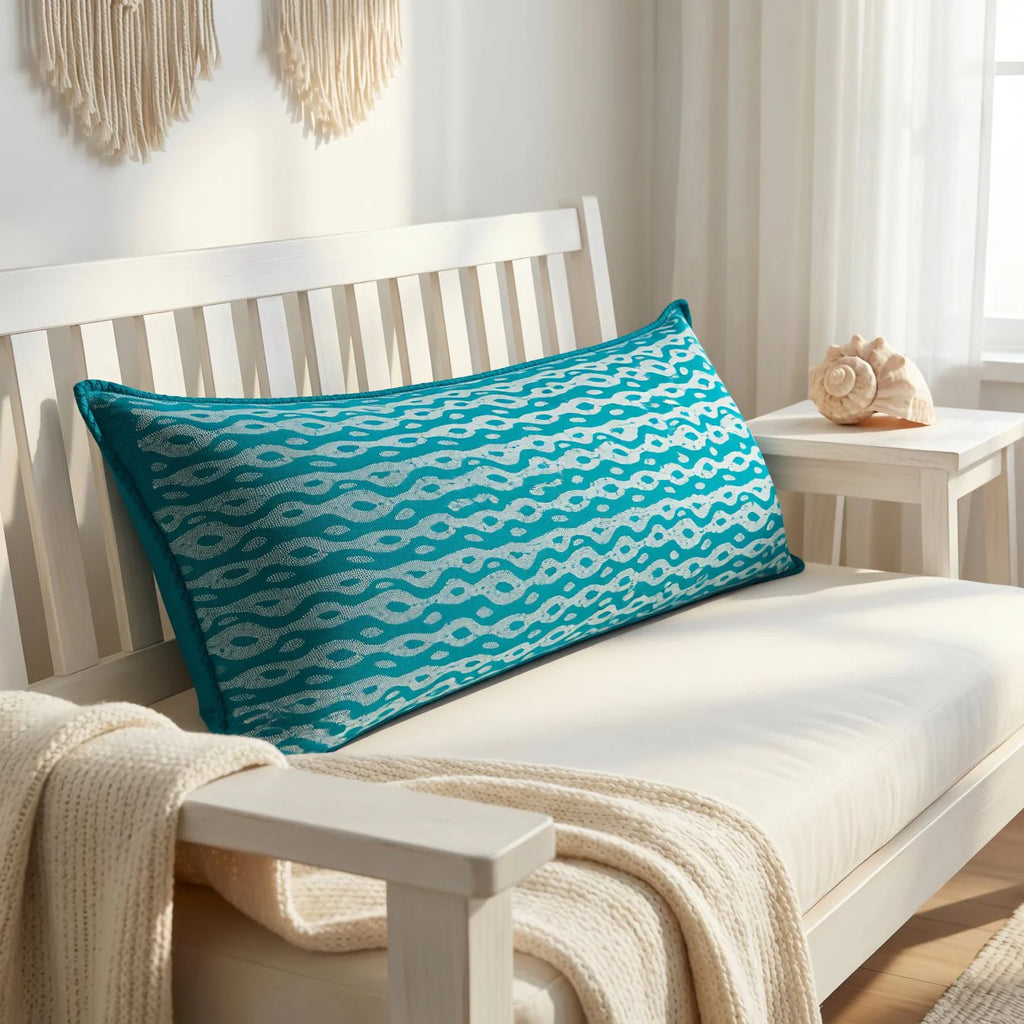 Artisan Hand Loomed Cotton Lumbar Pillow - Blue Ocean - 16"x48" Arcadia Home