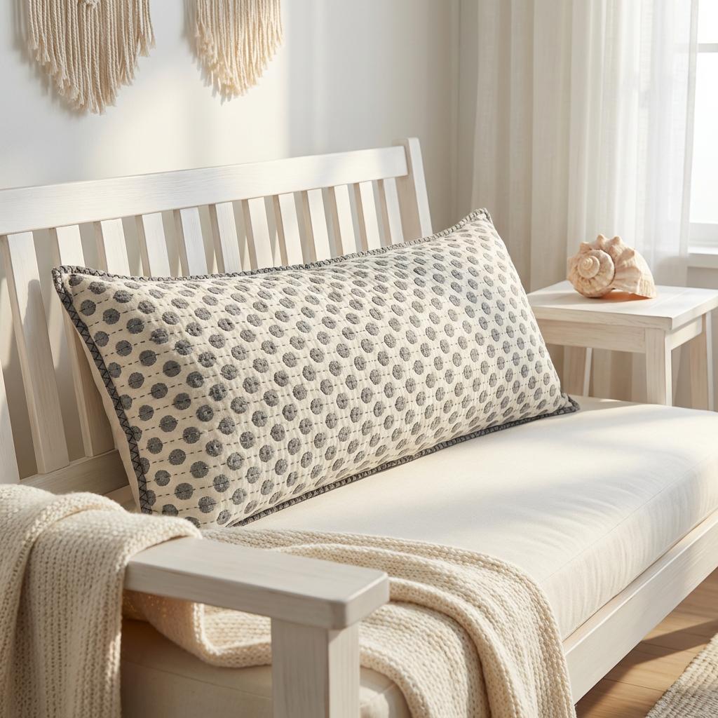 Artisan Hand Loomed Cotton Lumbar Pillow - Gray Dots - 16"x48" Arcadia Home - Che Cose Belle