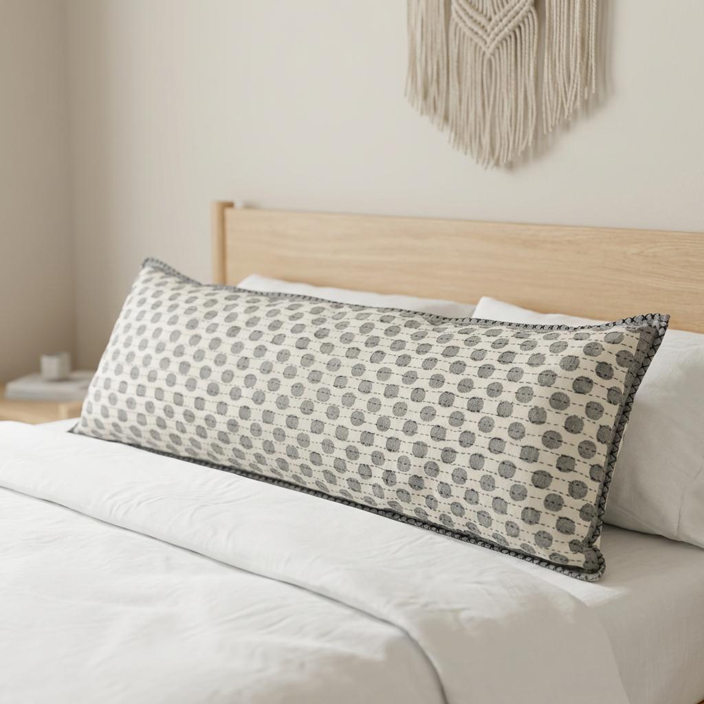 Artisan Hand Loomed Cotton Lumbar Pillow - Gray Dots - 16"x48" Arcadia Home - Che Cose Belle