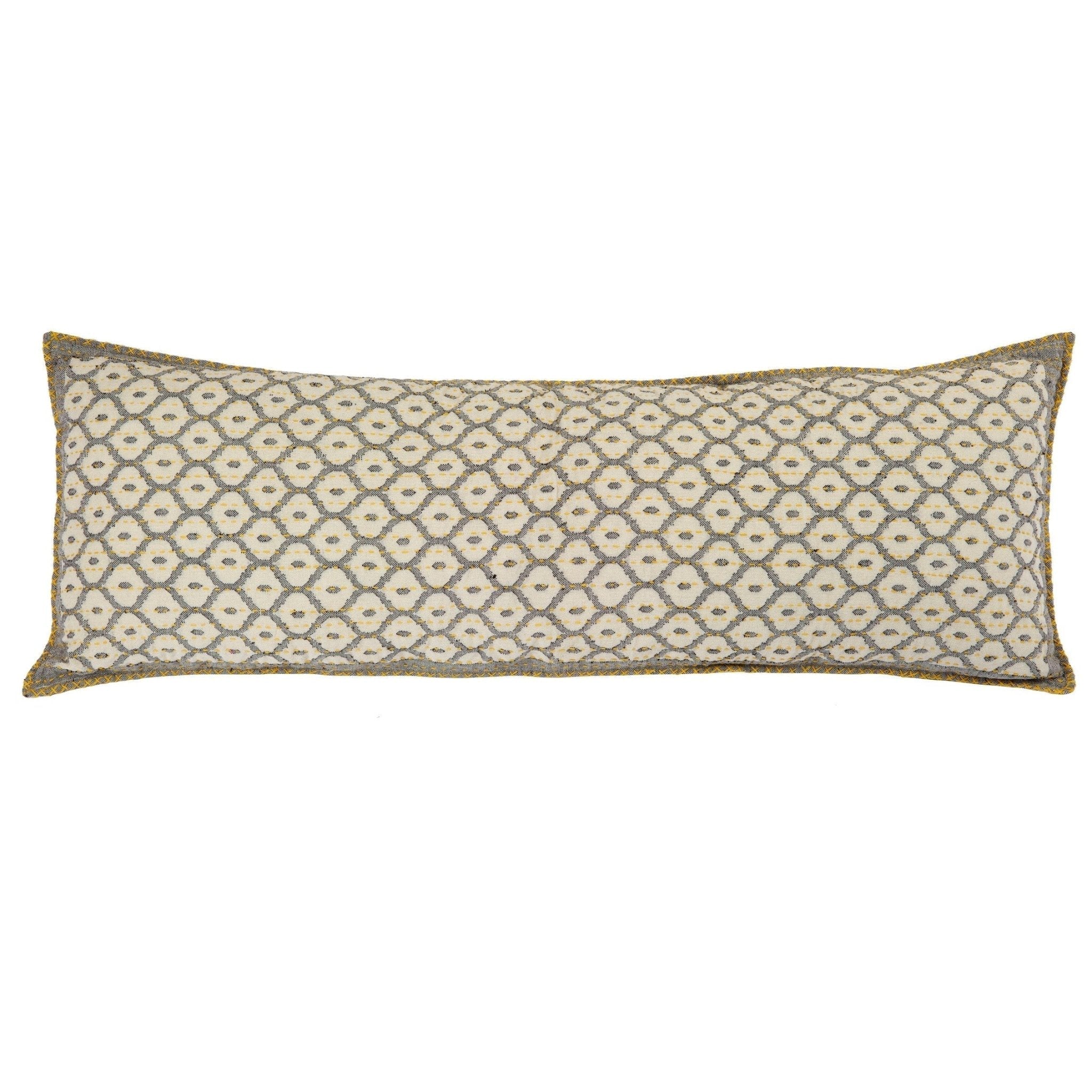 Artisan Hand Loomed Cotton Lumbar Pillow - Gray Yellow Stitching - 16"x48" Arcadia Home - Che Cose Belle