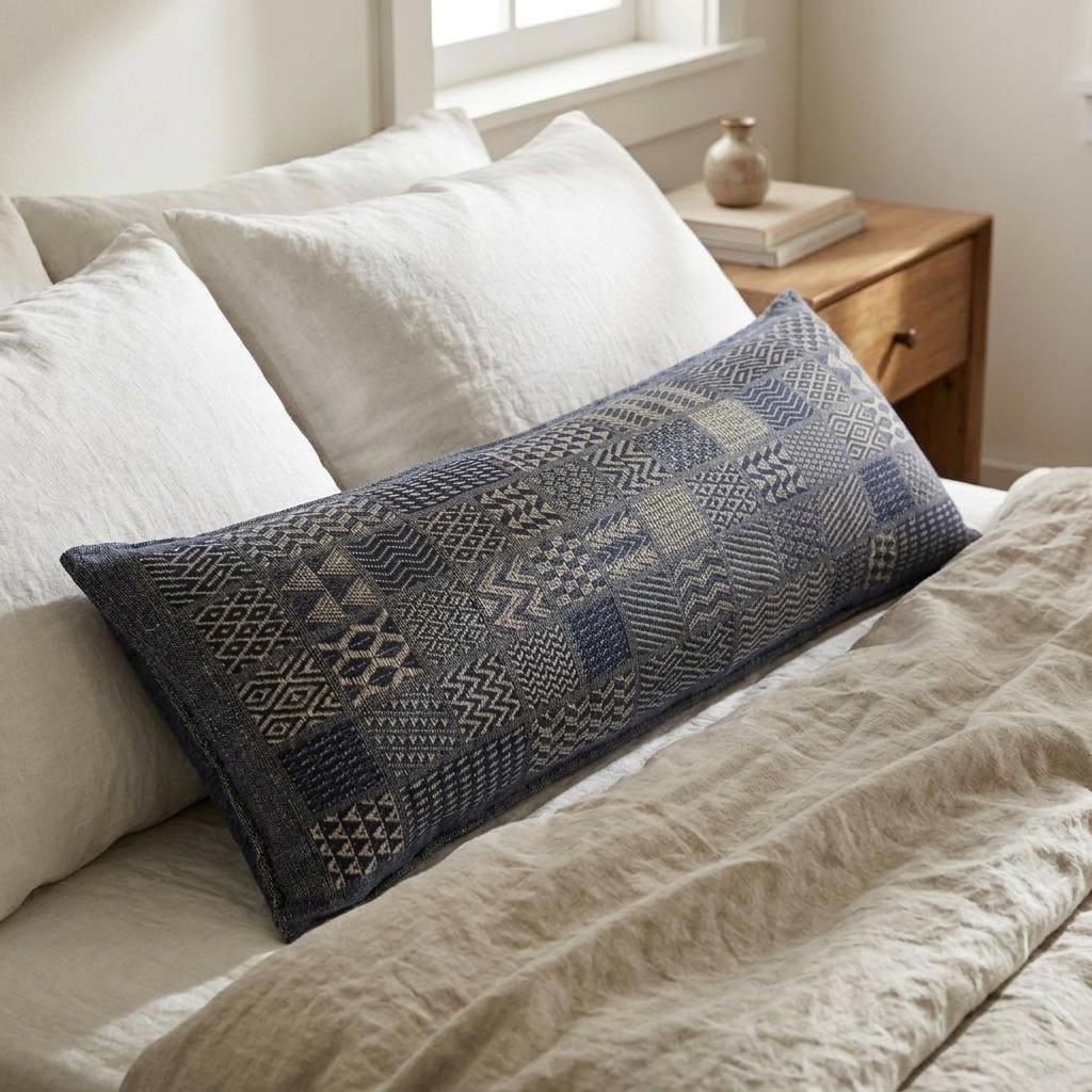 Artisan Hand Loomed Cotton Lumbar Pillow - Indigo Blocks - 16"x48" Arcadia Home - Che Cose Belle