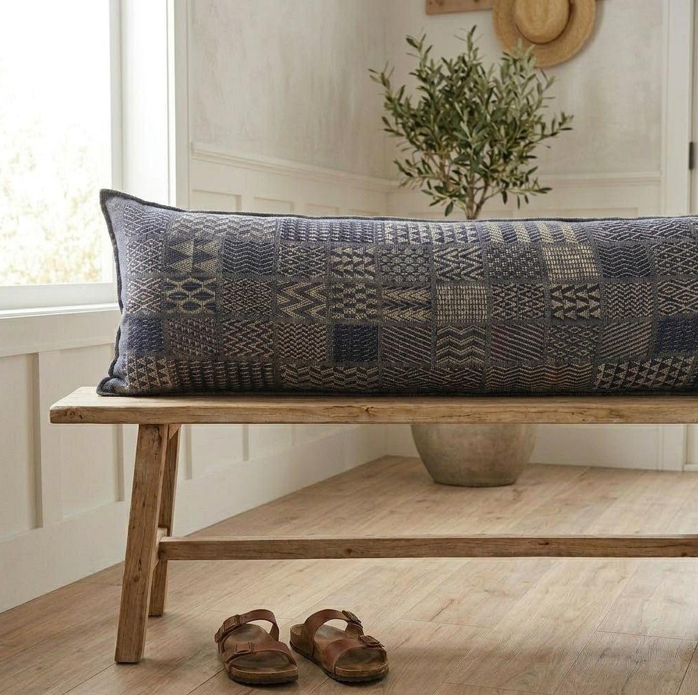 Artisan Hand Loomed Cotton Lumbar Pillow - Indigo Blocks - 16"x48" Arcadia Home - Che Cose Belle