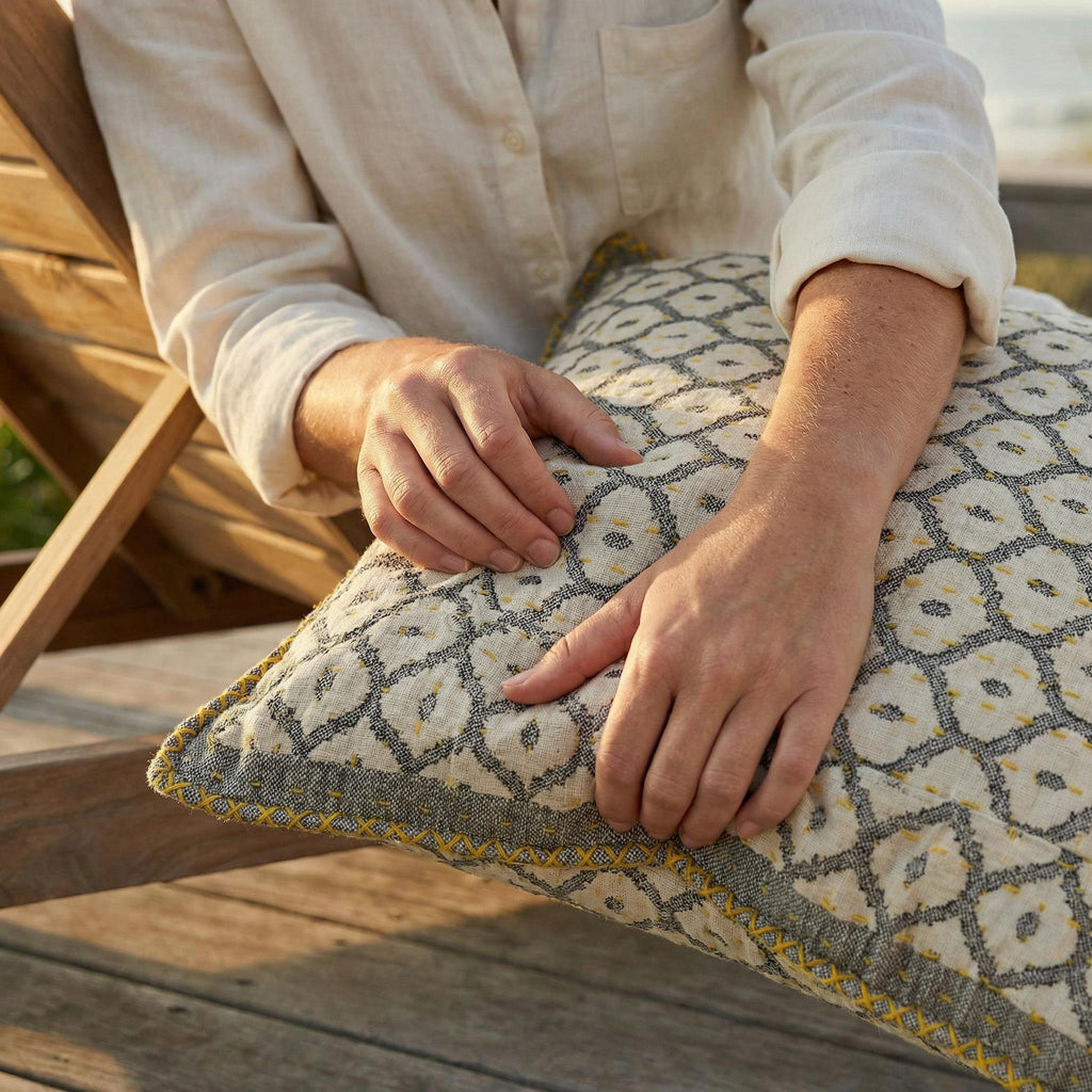 Artisan Hand Loomed Cotton Square Pillow - Gray Yellow Stitching - 24" Arcadia Home - Che Cose Belle