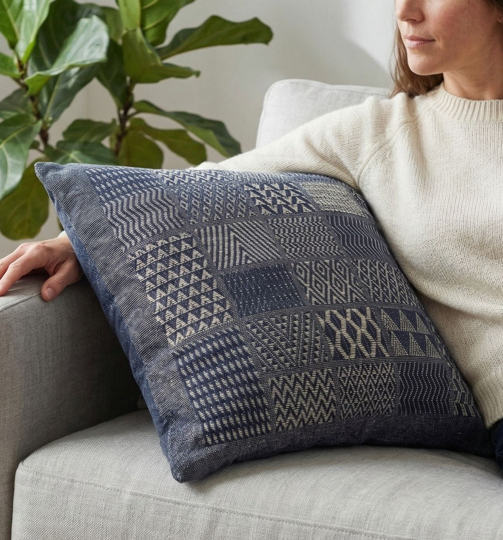 Artisan Hand Loomed Cotton Square Pillow - Indigo Blocks - 24" Arcadia Home - Che Cose Belle