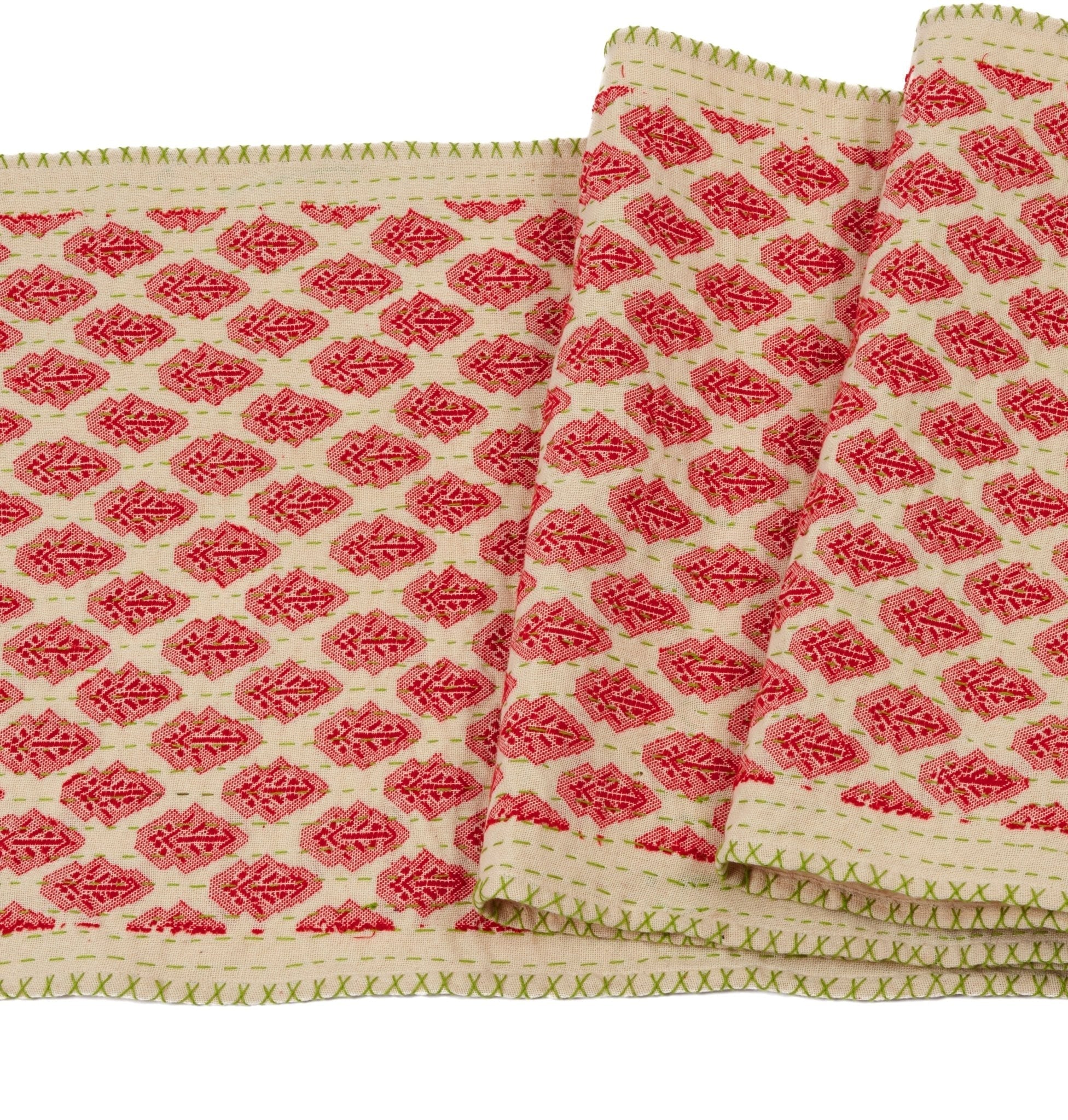 Artisan Hand Loomed Cotton Table Runner - Red Green Stitching - 18"x96" Arcadia Home - Che Cose Belle