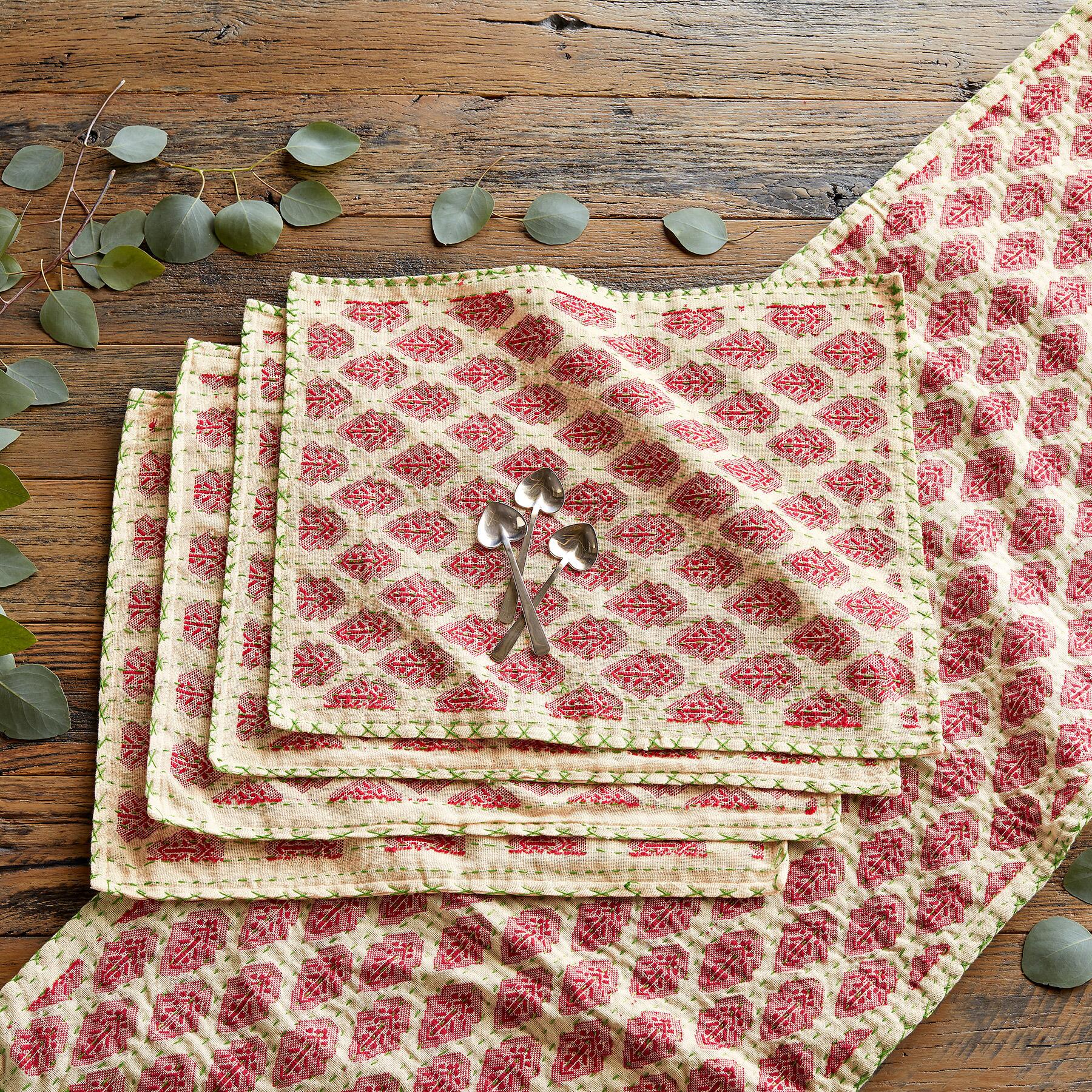 Artisan Hand Loomed Cotton Table Runner - Red Green Stitching - 18"x96" Arcadia Home - Che Cose Belle