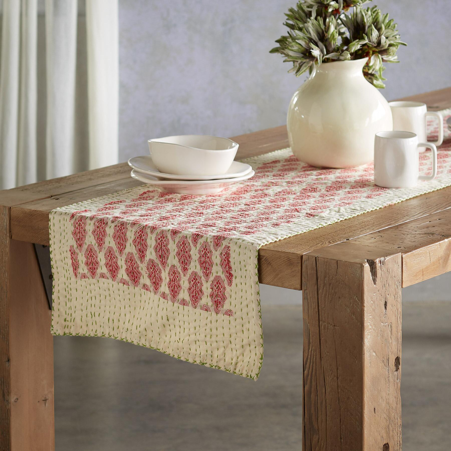 Artisan Hand Loomed Cotton Table Runner - Red Green Stitching - 18"x96" Arcadia Home - Che Cose Belle